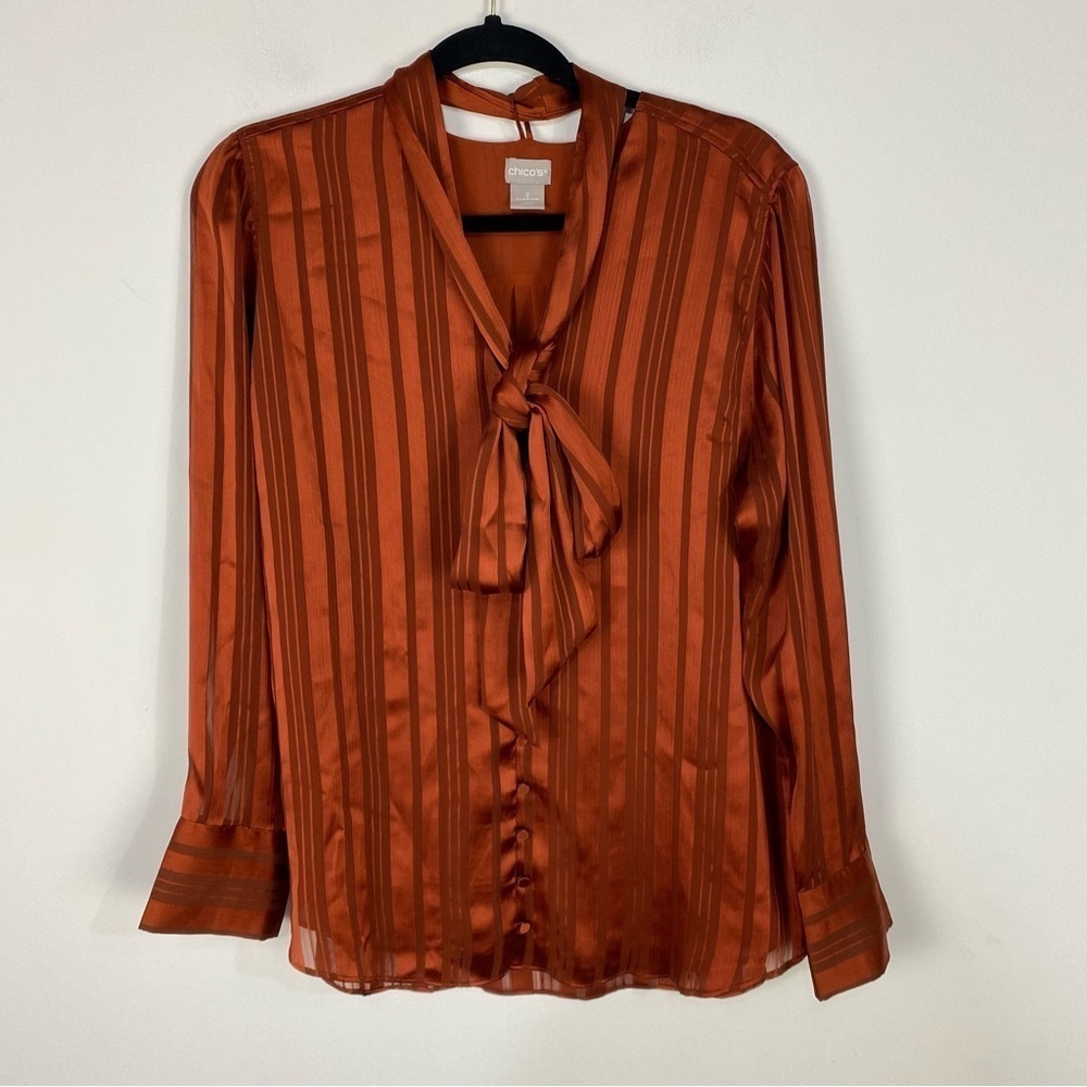 Chico's Orange Rust Button Down Bow Neckline Blou… - image 1